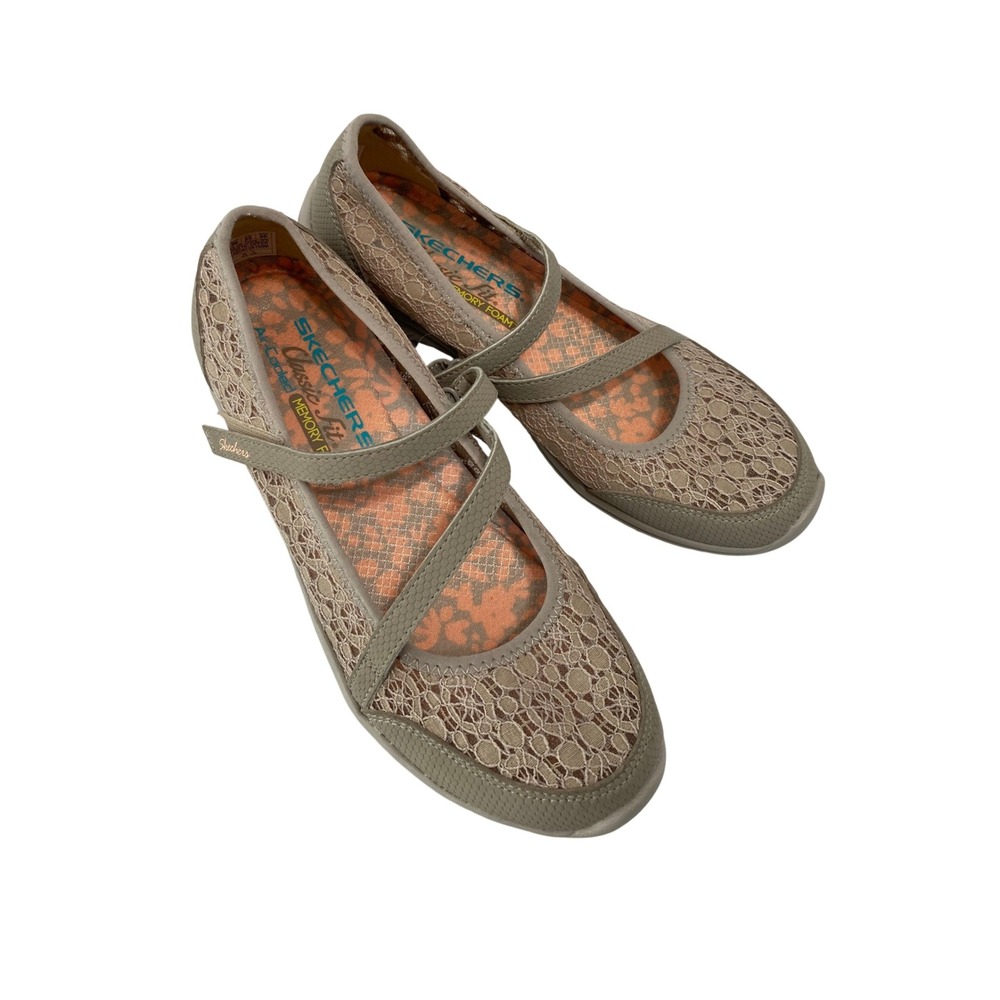 Skechers Mary Jane Flats Women 6 Taupe Lace Classic Fit Memory Foam Elastic Stra